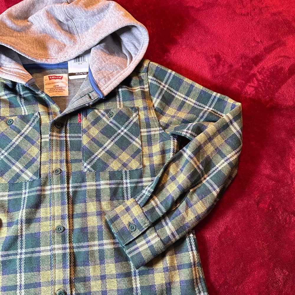 Levis Boys XL 14/16 Hooded Flannel Shirt Green Plaid Botanical Garden NWT